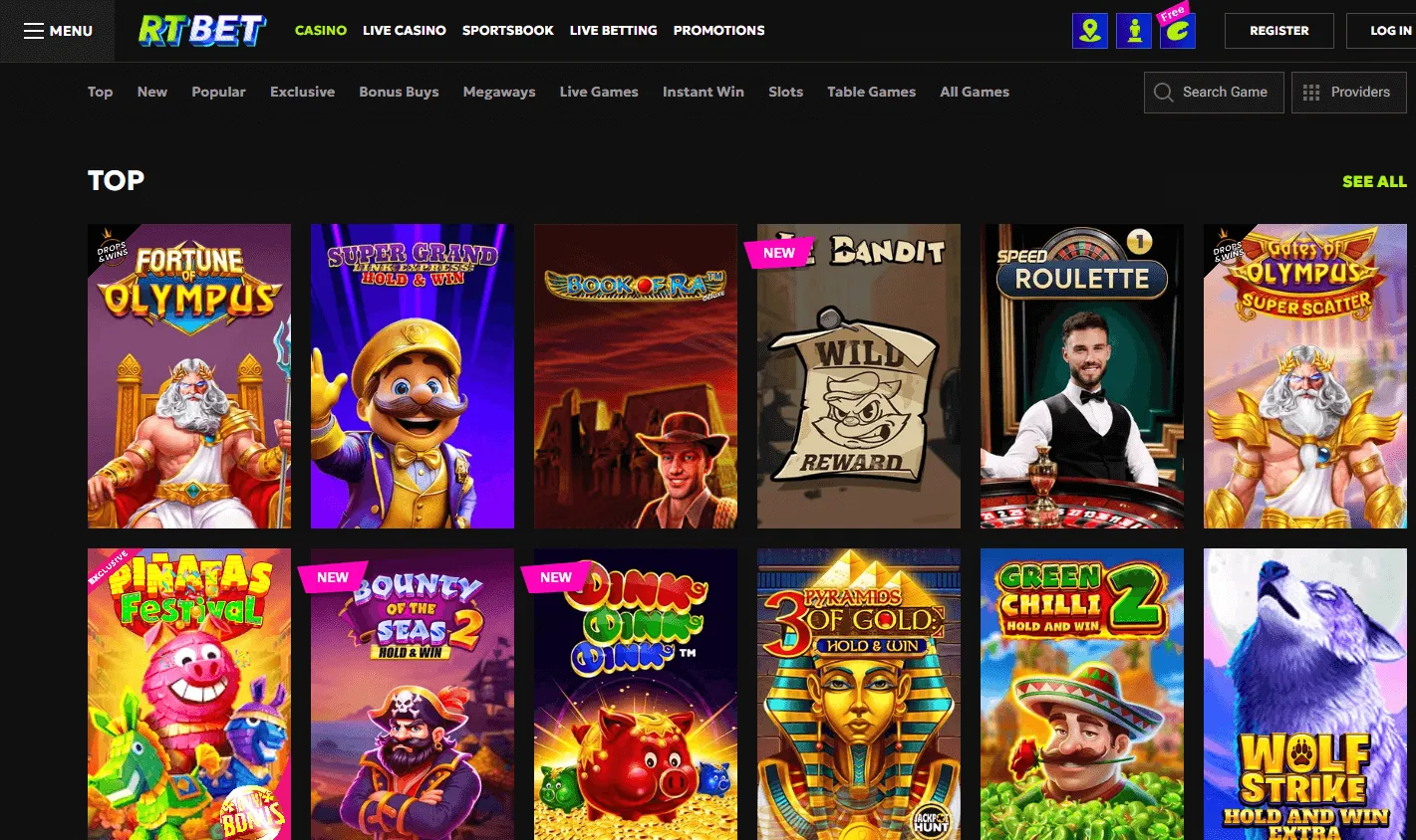 Rtbet Casino games screen on desktop