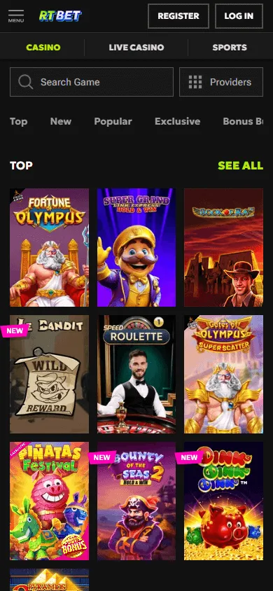 Rtbet Casino games screen on mobile