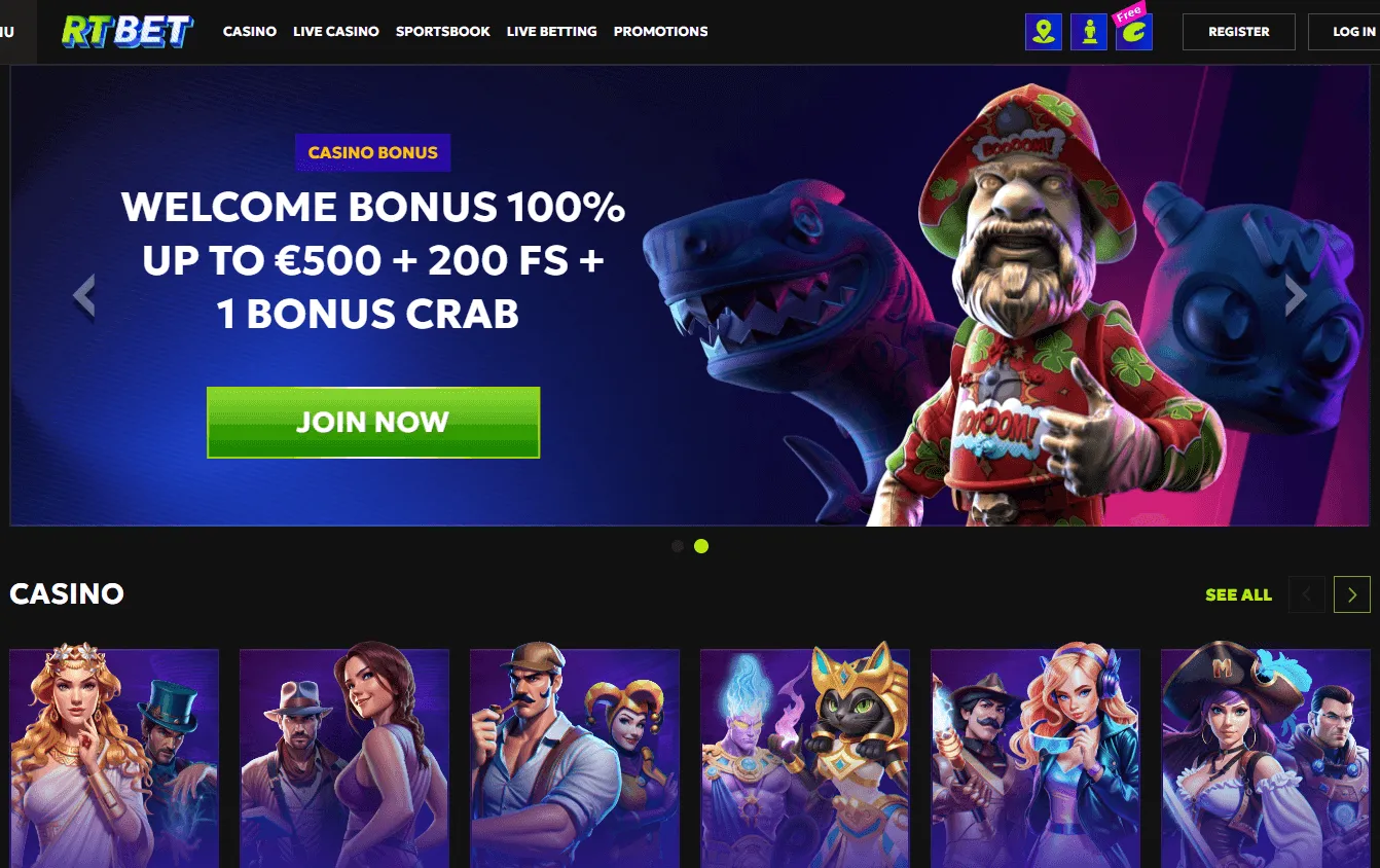 Rtbet Casino home screen on desktop