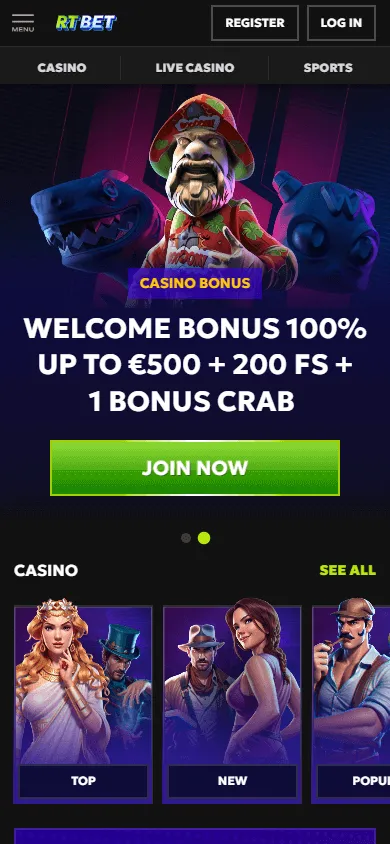 Rtbet Casino home screen on mobile