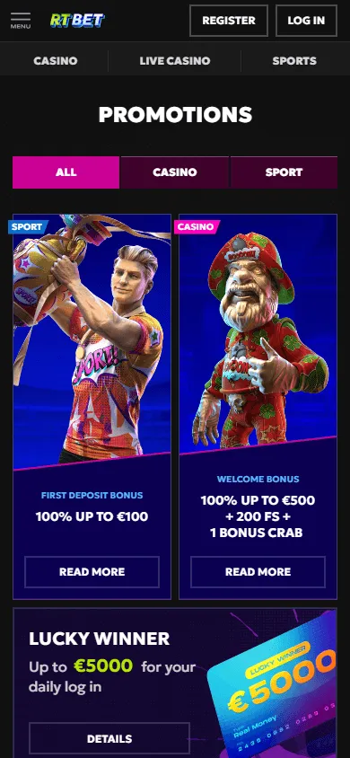 Rtbet Casino promotions screen on mobile