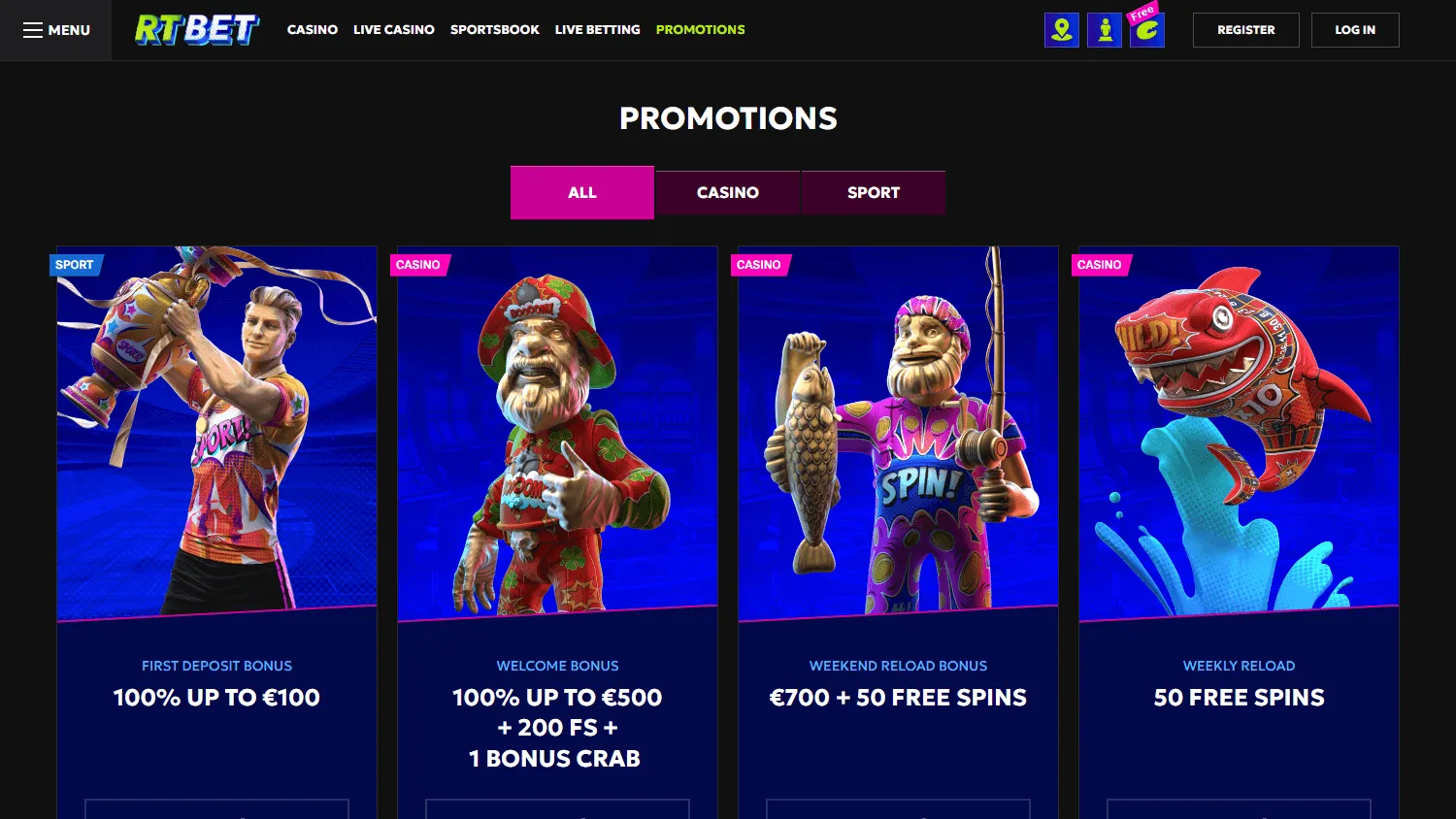 Rtbet Casino promotions screen on desktop